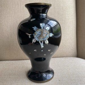 Vintage Black Lacquer & Mother of Pearl Flower 8"  Jar-Vase